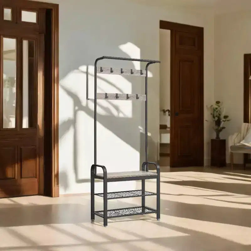 Porte-manteau avec rangement pour chaussures pour entrée, 9 crochets robustes, banc à chaussures pour petites entrées, appartements