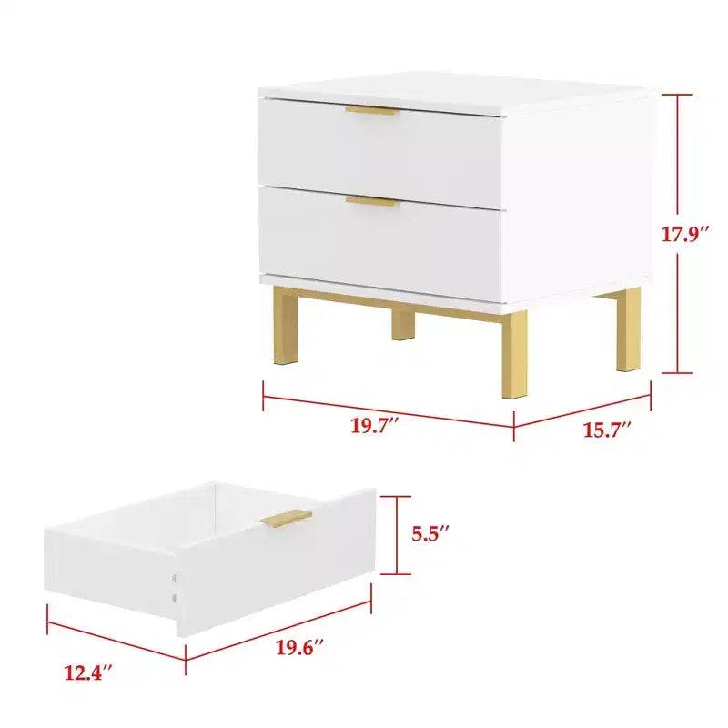 Table de chevet moderne à deux tiroirs en bois veiné avec rangement