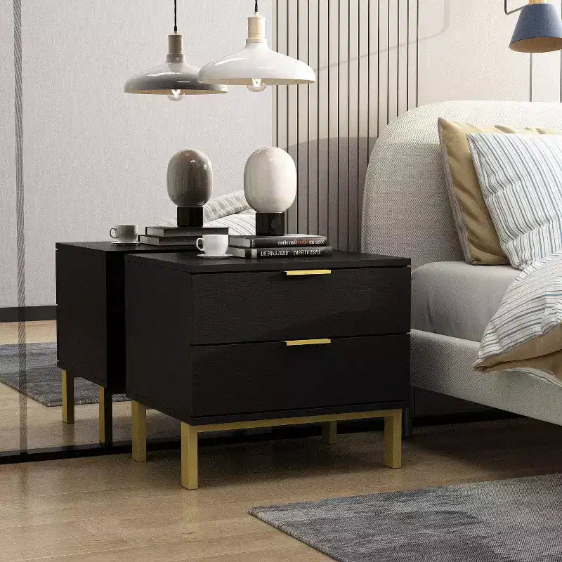 Table de chevet moderne à deux tiroirs en bois veiné avec rangement