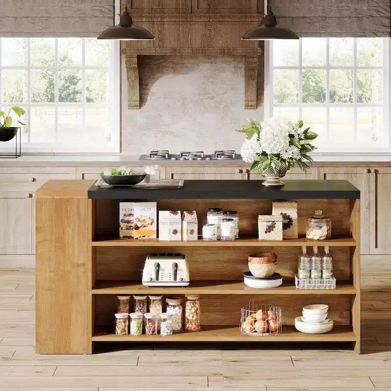 Îlot de cuisine 55 po avec 5 étagères, table d'îlot fixe de style ferme à 5 niveaux, meuble de rangement en bois avec comptoir