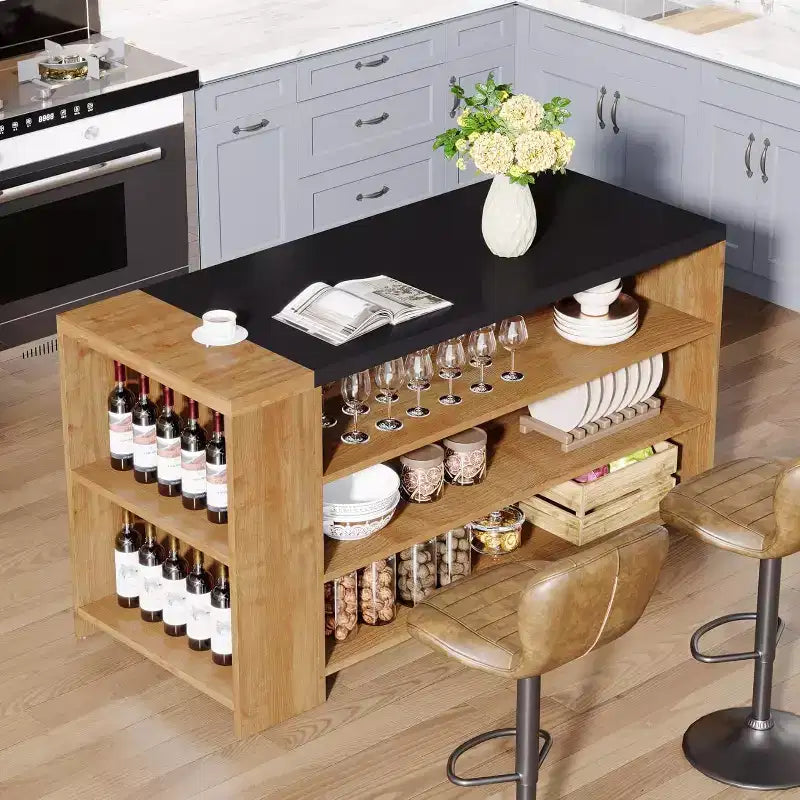 Îlot de cuisine 55 po avec 5 étagères, table d'îlot fixe de style ferme à 5 niveaux, meuble de rangement en bois avec comptoir