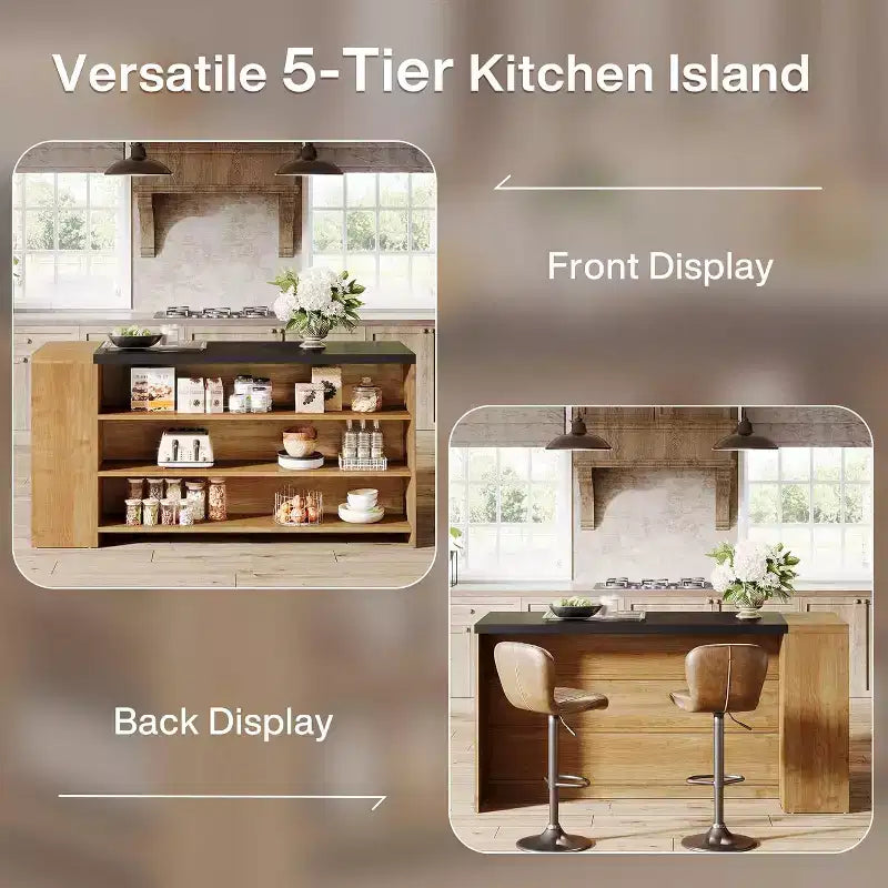 Îlot de cuisine 55 po avec 5 étagères, table d'îlot fixe de style ferme à 5 niveaux, meuble de rangement en bois avec comptoir