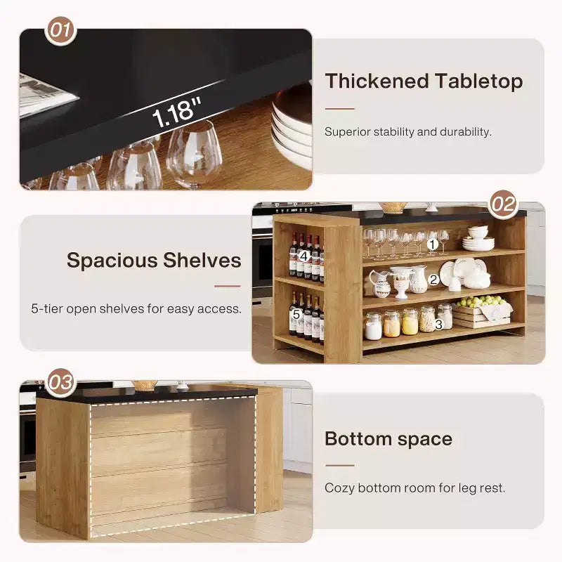 Îlot de cuisine 55 po avec 5 étagères, table d'îlot fixe de style ferme à 5 niveaux, meuble de rangement en bois avec comptoir