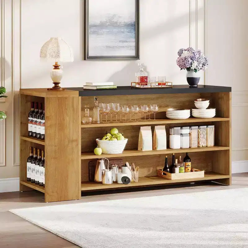 Îlot de cuisine 55 po avec 5 étagères, table d'îlot fixe de style ferme à 5 niveaux, meuble de rangement en bois avec comptoir