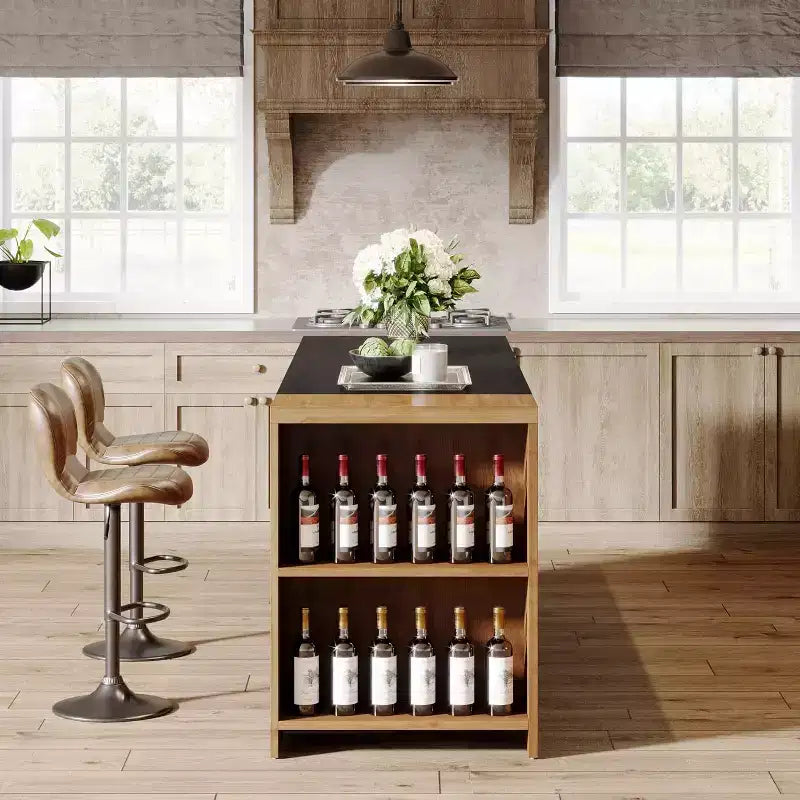 Îlot de cuisine 55 po avec 5 étagères, table d'îlot fixe de style ferme à 5 niveaux, meuble de rangement en bois avec comptoir