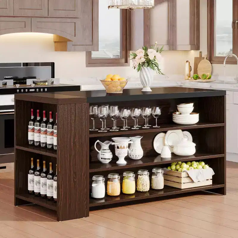 Îlot de cuisine 55 po avec 5 étagères, table d'îlot fixe de style ferme à 5 niveaux, meuble de rangement en bois avec comptoir
