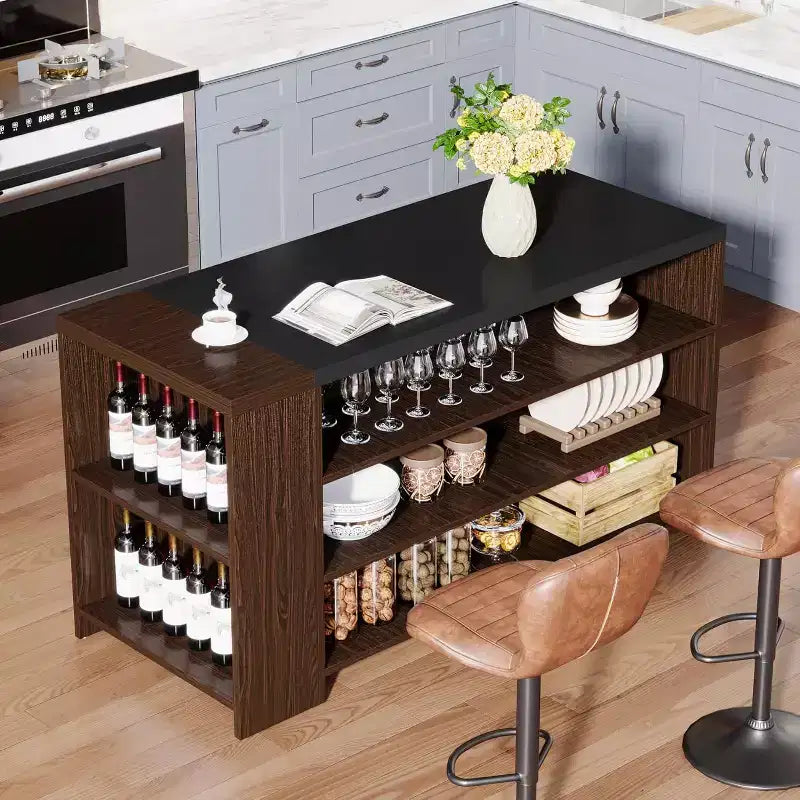 Îlot de cuisine 55 po avec 5 étagères, table d'îlot fixe de style ferme à 5 niveaux, meuble de rangement en bois avec comptoir