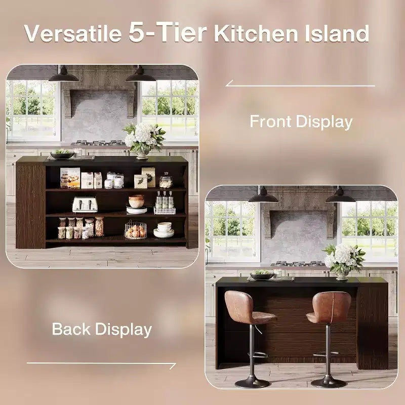 Îlot de cuisine 55 po avec 5 étagères, table d'îlot fixe de style ferme à 5 niveaux, meuble de rangement en bois avec comptoir