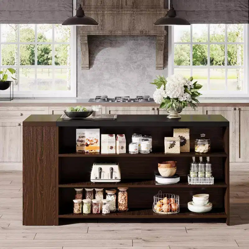 Îlot de cuisine 55 po avec 5 étagères, table d'îlot fixe de style ferme à 5 niveaux, meuble de rangement en bois avec comptoir