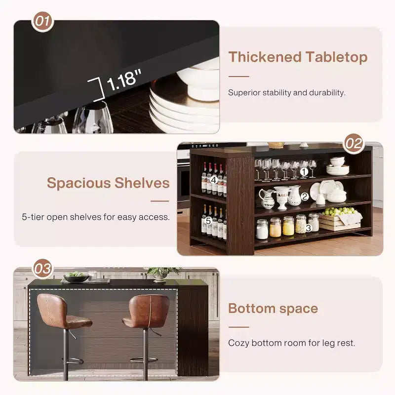 Îlot de cuisine 55 po avec 5 étagères, table d'îlot fixe de style ferme à 5 niveaux, meuble de rangement en bois avec comptoir