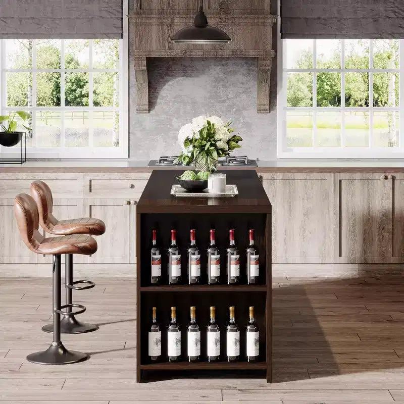 Îlot de cuisine 55 po avec 5 étagères, table d'îlot fixe de style ferme à 5 niveaux, meuble de rangement en bois avec comptoir