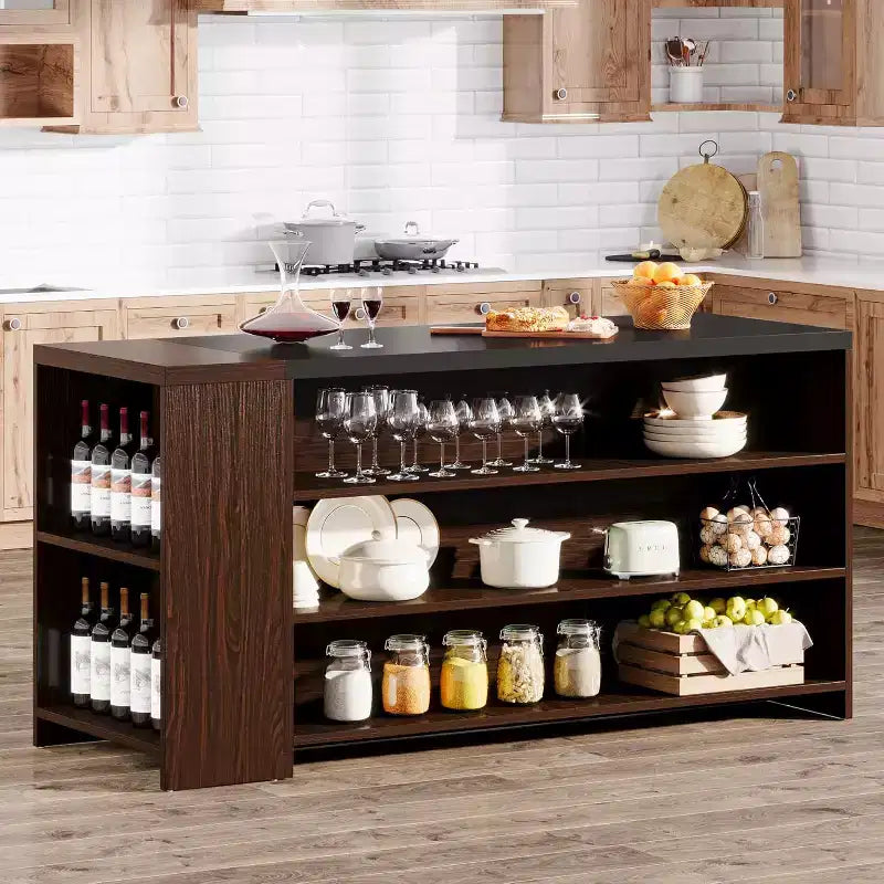 Îlot de cuisine 55 po avec 5 étagères, table d'îlot fixe de style ferme à 5 niveaux, meuble de rangement en bois avec comptoir