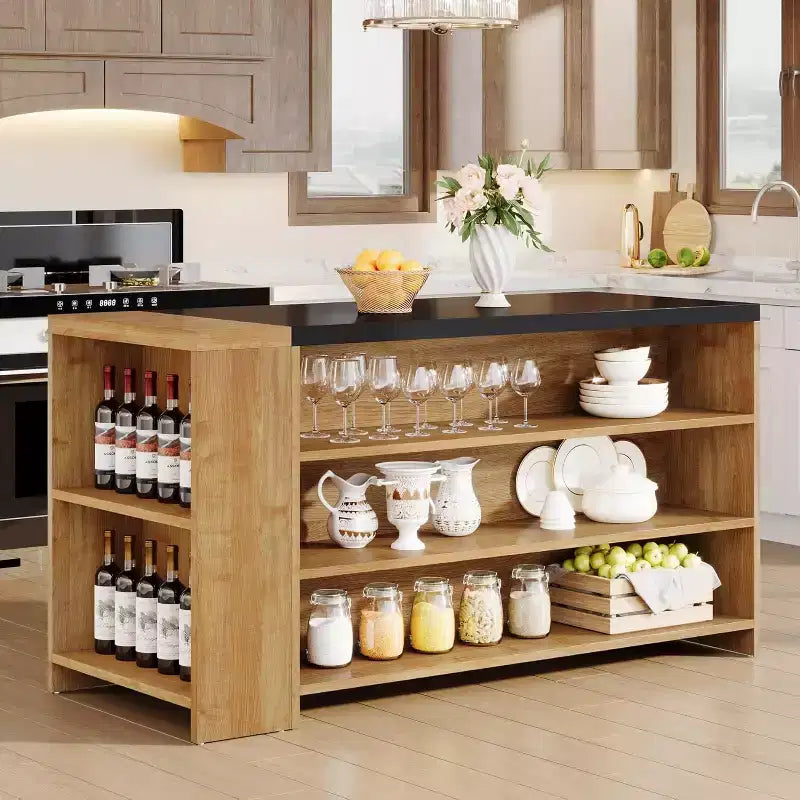 Îlot de cuisine 55 po avec 5 étagères, table d'îlot fixe de style ferme à 5 niveaux, meuble de rangement en bois avec comptoir