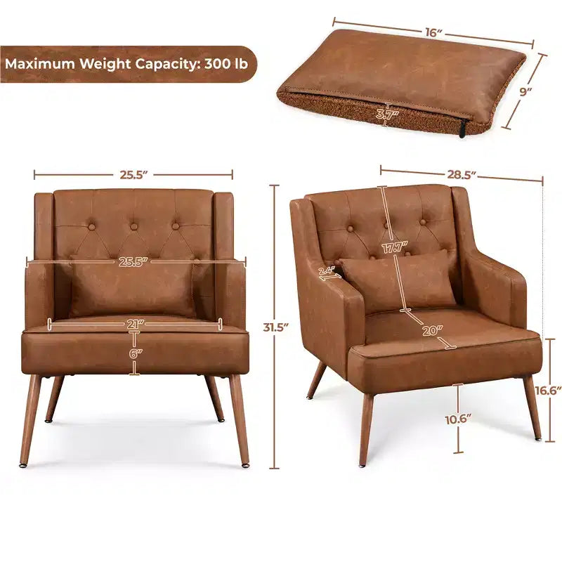 Lot de 2 fauteuils d'appoint modernes capitonnés avec support lombaire, marron rétro