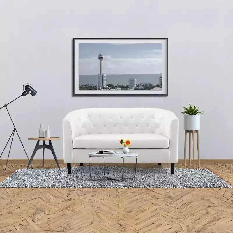 Canapé deux places en tonneau capitonné, style moderne du milieu du siècle