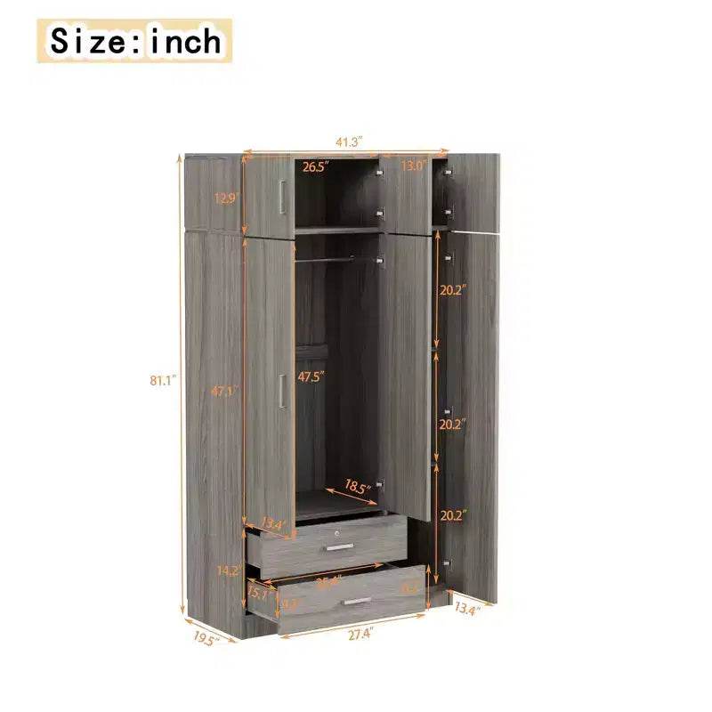 Armoire de rangement en bois à 3 portes avec miroir, 2 tiroirs, étagères, tringle à vêtements et placard supérieur