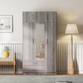 Whisen Wood 3-Door Wooden Wardrobe Armoire with Mirror, 2-Drawers, Shelves, Hanging Rod and Top Cabinet