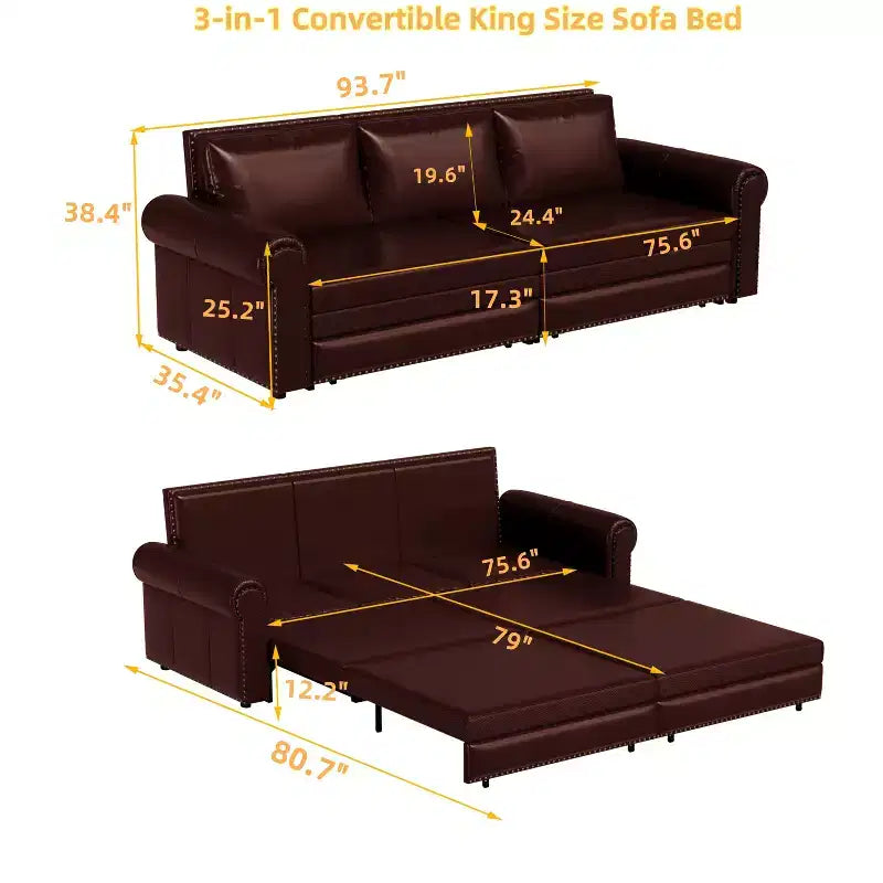 Canapé-lit convertible Mary Multi-Functional 93.7 en similicuir taille King avec clous décoratifs