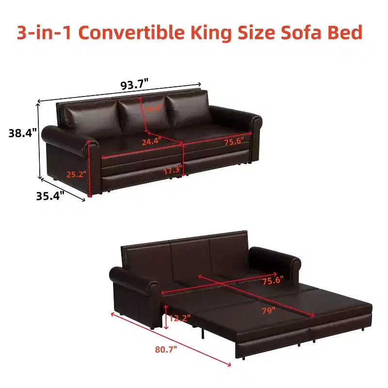Canapé-lit convertible Mary Multi-Functional 93.7 en similicuir taille King avec clous décoratifs
