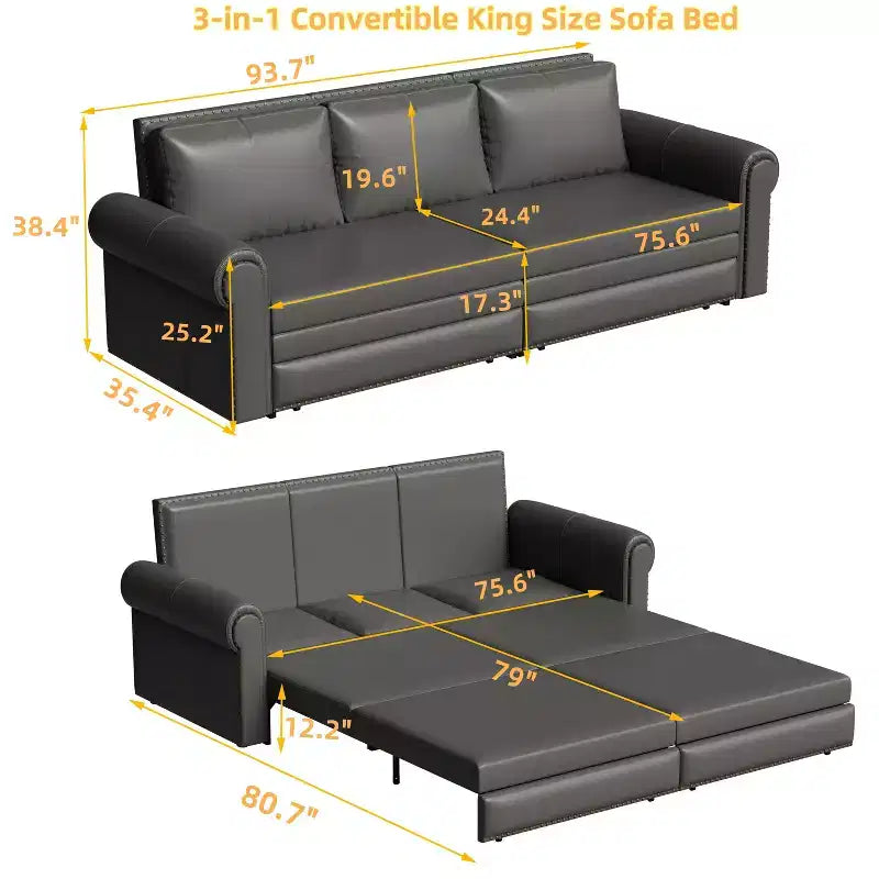 Canapé-lit convertible Mary Multi-Functional 93.7 en similicuir taille King avec clous décoratifs