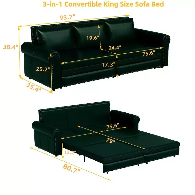 Canapé-lit convertible Mary Multi-Functional 93.7 en similicuir taille King avec clous décoratifs
