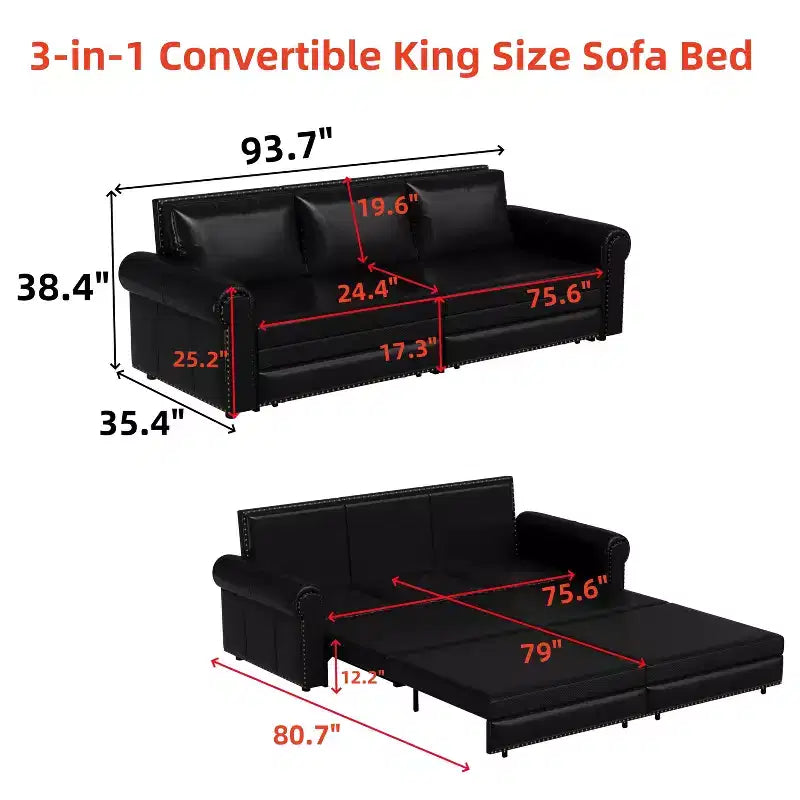 Canapé-lit convertible Mary Multi-Functional 93.7 en similicuir taille King avec clous décoratifs