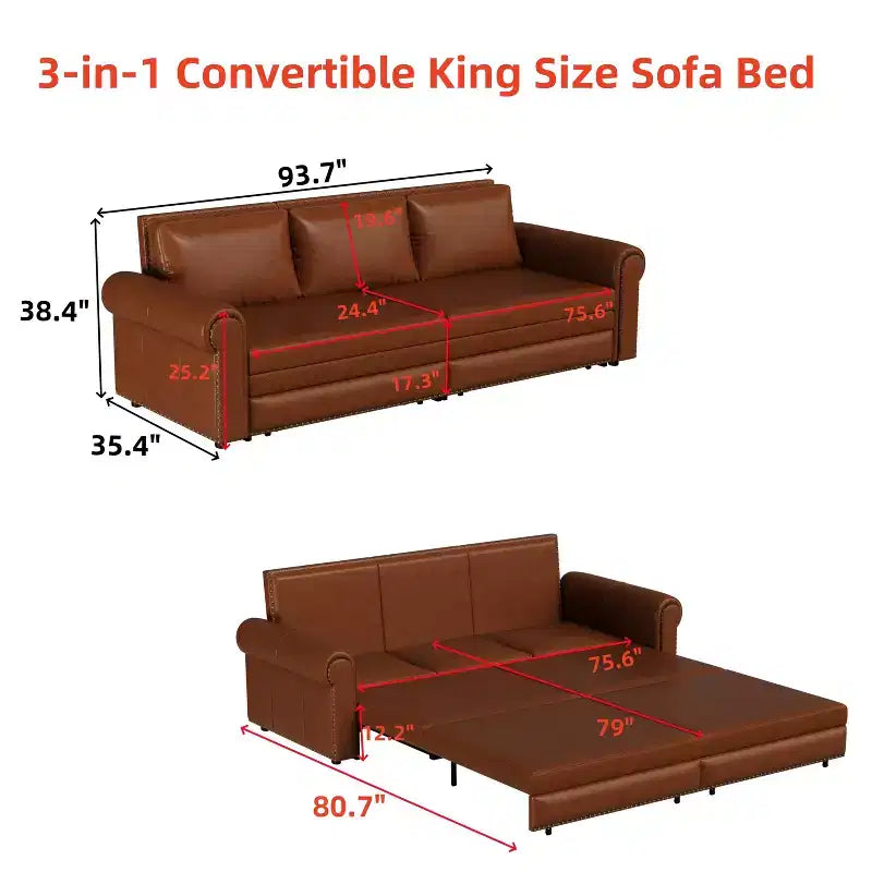 Canapé-lit convertible Mary Multi-Functional 93.7 en similicuir taille King avec clous décoratifs