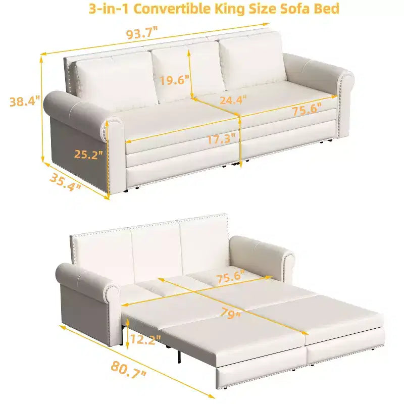 Canapé-lit convertible Mary Multi-Functional 93.7 en similicuir taille King avec clous décoratifs