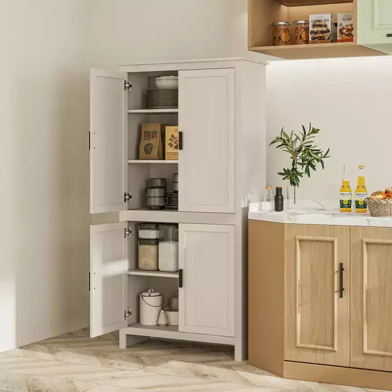 Garde-manger de cuisine 64 po à 4 portes, armoire de rangement autoportante avec 3 étagères réglables pour la cuisine, la salle à manger ou le salon, blanc antique