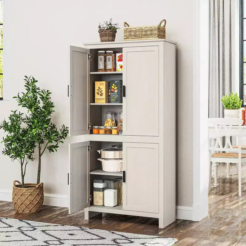Garde-manger de cuisine 64 po à 4 portes, armoire de rangement autoportante avec 3 étagères réglables pour la cuisine, la salle à manger ou le salon, blanc antique