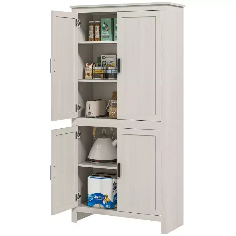 Garde-manger de cuisine 64 po à 4 portes, armoire de rangement autoportante avec 3 étagères réglables pour la cuisine, la salle à manger ou le salon, blanc antique