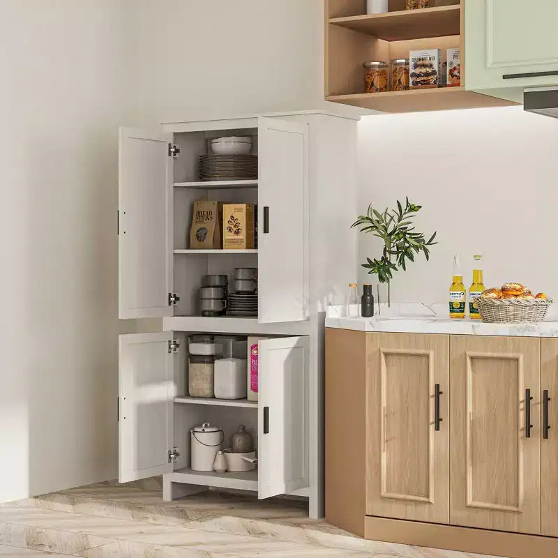 Garde-manger de cuisine 64 po à 4 portes, armoire de rangement autoportante avec 3 étagères réglables pour la cuisine, la salle à manger ou le salon, blanc antique