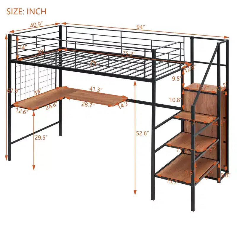 Lit mezzanine en métal Twin/Full avec bureau et grille métallique, cadre de lit métallique élégant avec échelle de rangement latérale et armoire