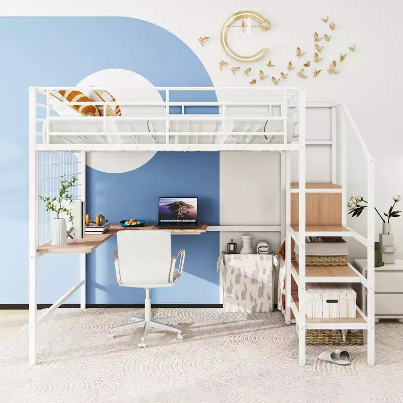 Lit mezzanine en métal Twin/Full avec bureau et grille métallique, cadre de lit métallique élégant avec échelle de rangement latérale et armoire