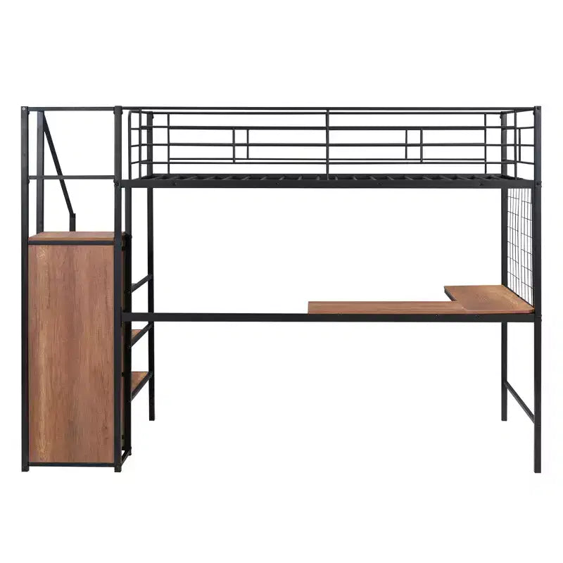 Lit mezzanine en métal Twin/Full avec bureau et grille métallique, cadre de lit métallique élégant avec échelle de rangement latérale et armoire
