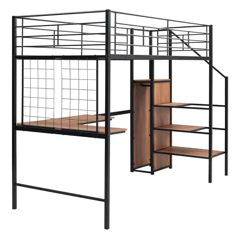 Lit mezzanine en métal Twin/Full avec bureau et grille métallique, cadre de lit métallique élégant avec échelle de rangement latérale et armoire