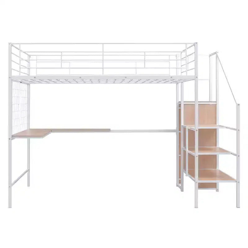 Lit mezzanine en métal Twin/Full avec bureau et grille métallique, cadre de lit métallique élégant avec échelle de rangement latérale et armoire