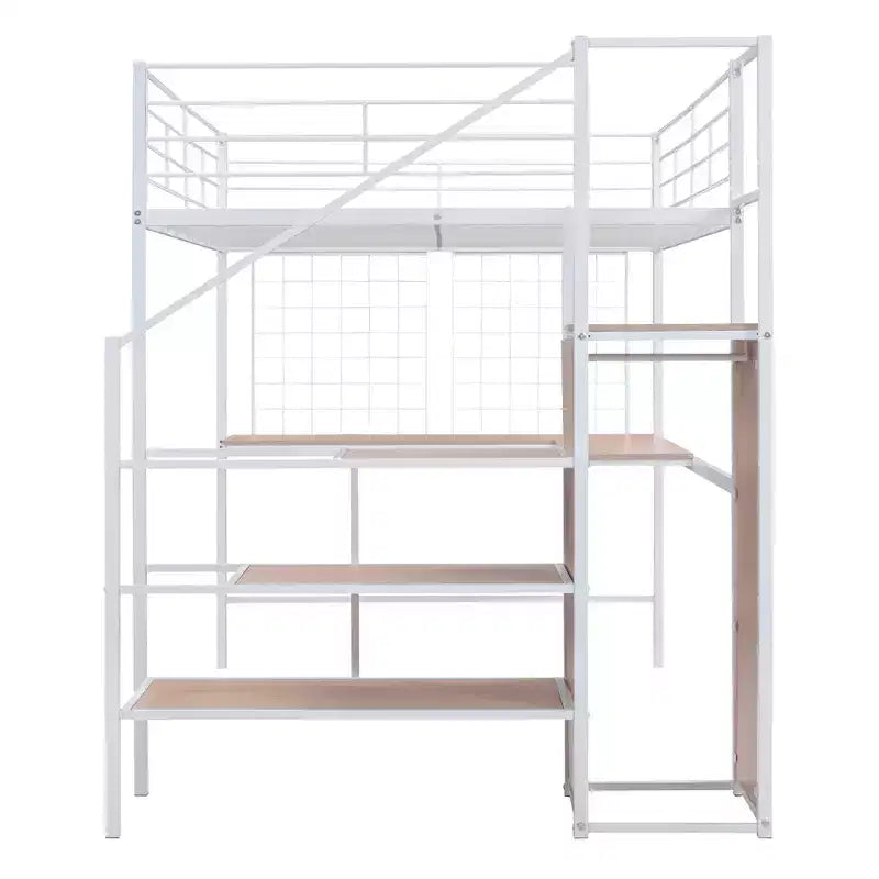 Lit mezzanine en métal Twin/Full avec bureau et grille métallique, cadre de lit métallique élégant avec échelle de rangement latérale et armoire