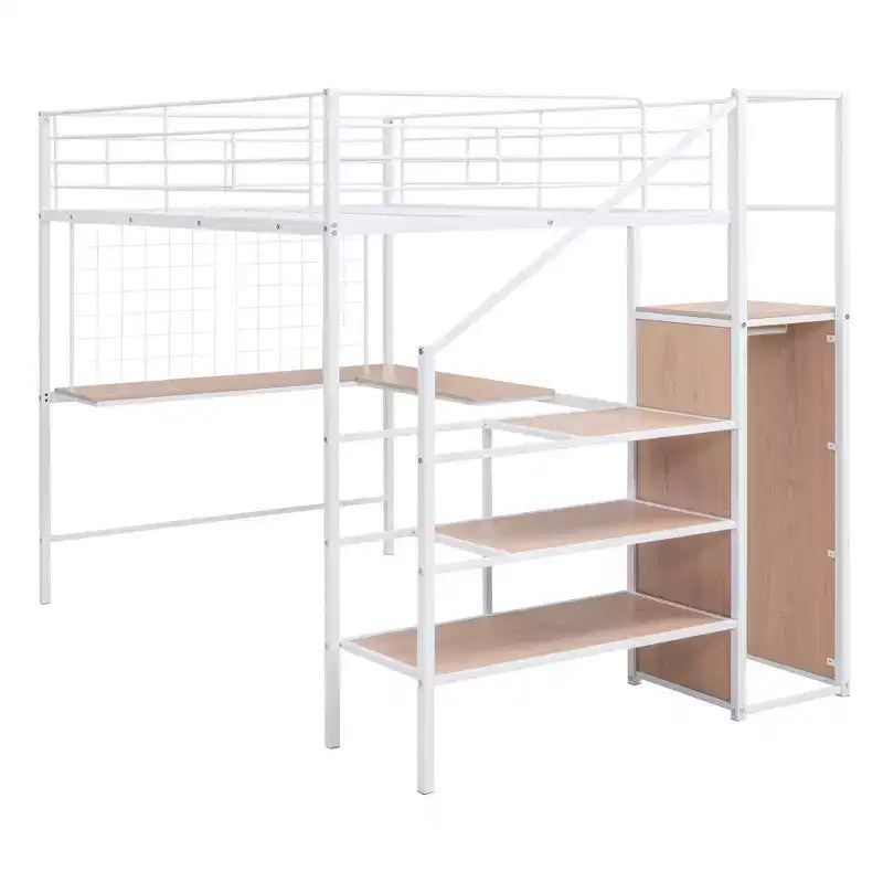 Lit mezzanine en métal Twin/Full avec bureau et grille métallique, cadre de lit métallique élégant avec échelle de rangement latérale et armoire