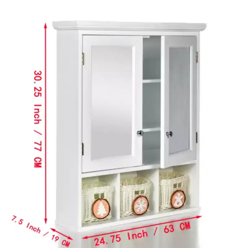 Meuble de rangement pour salle de bain, Armoire à pharmacie avec miroir pour salle de bain, 2 portes 2 étagères réglables + 3 paniers de rangement style Noël