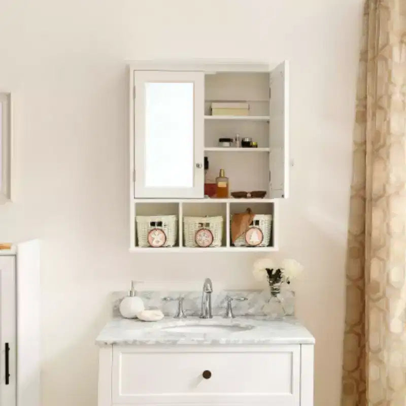 Meuble de rangement pour salle de bain, Armoire à pharmacie avec miroir pour salle de bain, 2 portes 2 étagères réglables + 3 paniers de rangement style Noël