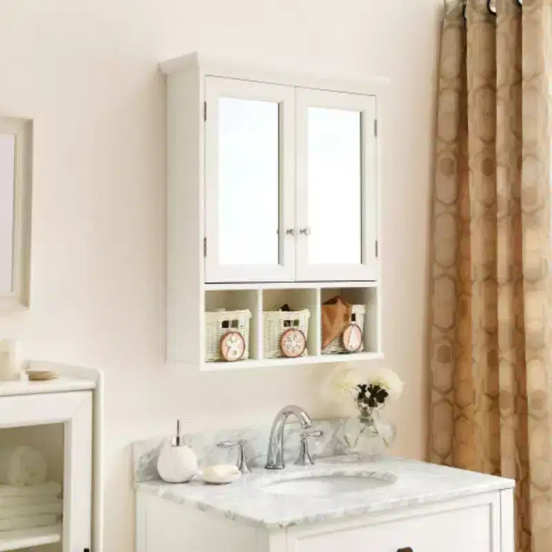 Meuble de rangement pour salle de bain, Armoire à pharmacie avec miroir pour salle de bain, 2 portes 2 étagères réglables + 3 paniers de rangement style Noël