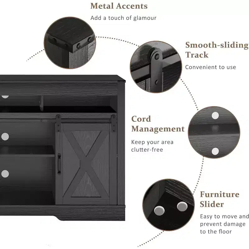 Meuble TV de style rustique avec porte de grange coulissante pour téléviseurs jusqu'à 65''+, meuble de divertissement de 86 cm de haut pour chambre, salon