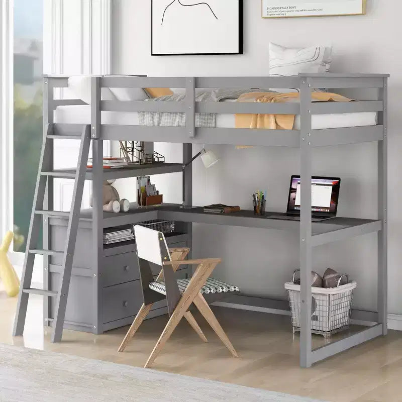 Whisen 79.5''L*57.1''W Wood Loft Bed with Desk, Shelves and Two Built-in Drawers, Multifunctionl Design