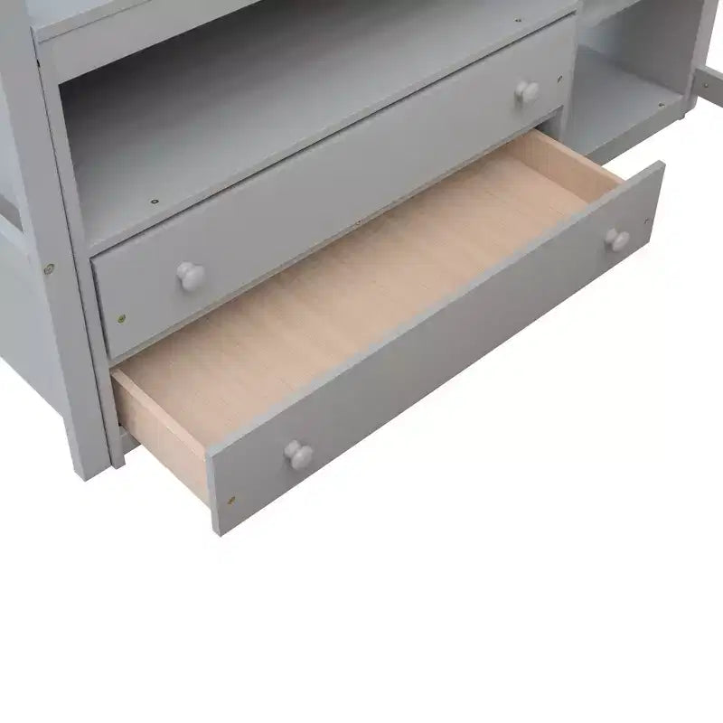 Lit mezzanine en bois de 79,5''L*57,1''W avec bureau, étagères et deux tiroirs intégrés, design multifonctionnel