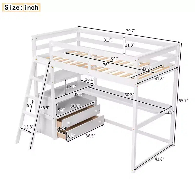 Lit mezzanine en bois de 79,5''L*57,1''W avec bureau, étagères et deux tiroirs intégrés, design multifonctionnel
