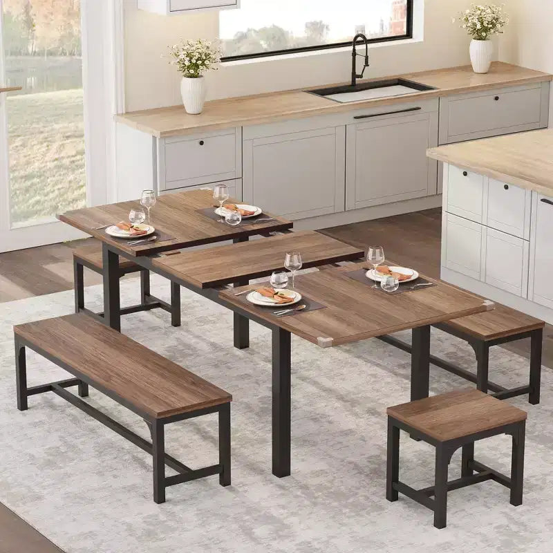 5 Pieces Dining Table Set for 4-6, 63 Large Extendable Dining Room Table Set for 4, Kitchen Table with Benches and Stools