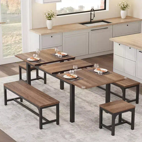 5 Pieces Dining Table Set for 4-6, 63 Large Extendable Dining Room Table Set for 4, Kitchen Table with Benches and Stools