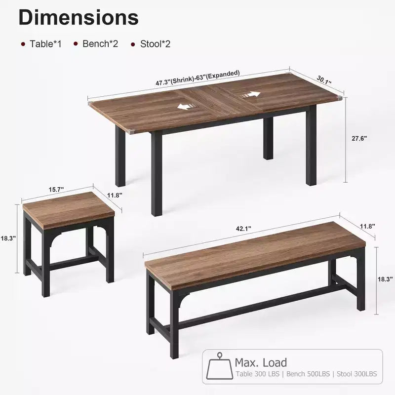 Ensemble de salle à manger 5 pièces pour 4-6 personnes, grande table de salle à manger extensible de 160 cm pour 4 personnes, table de cuisine avec bancs et tabourets