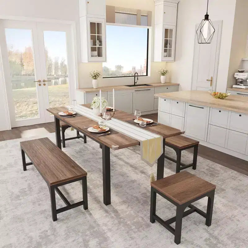 Ensemble de salle à manger 5 pièces pour 4-6 personnes, grande table de salle à manger extensible de 160 cm pour 4 personnes, table de cuisine avec bancs et tabourets
